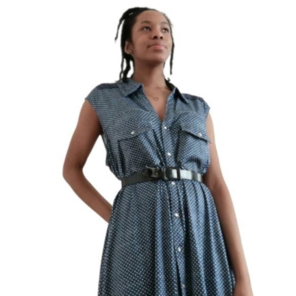 Tango Mango Blue and White Polka Dot with Floral Lace Back Midi Dress - Picture 11 of 17